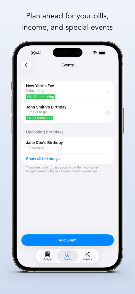 Budgeted - Budgetedアプリのインターフェースには、残りの予算追跡とともに、誕生日や祝日などの今後の財務イベントのリストが表示されています。