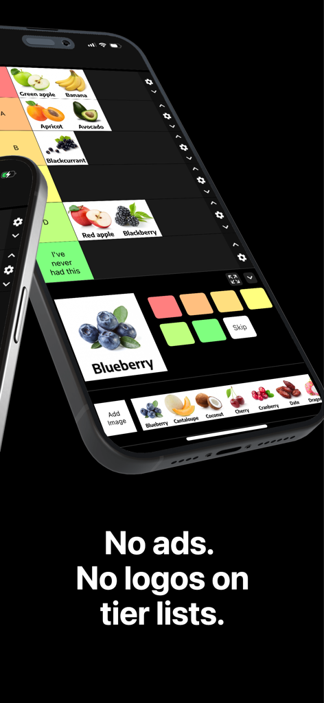 TierMaker.com - Interface do aplicativo mobile TierMaker mostrando uma lista de nível de frutas limpa e sem anúncios em um iPhone