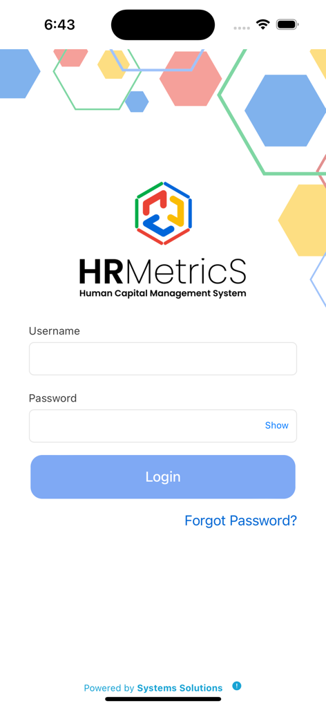 ECM MetricS mobile app login screen featuring username and password input fields