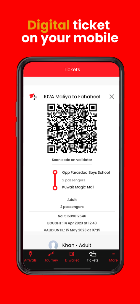 A smartphone screen displaying a digital bus ticket with a scannable QR code for Kuwait public transportation.