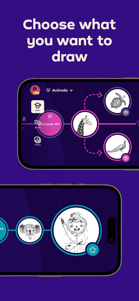 Simply Draw: Learn to Draw - Mobile app screen for Simply Draw showing a customized learning path with various animal sketches
