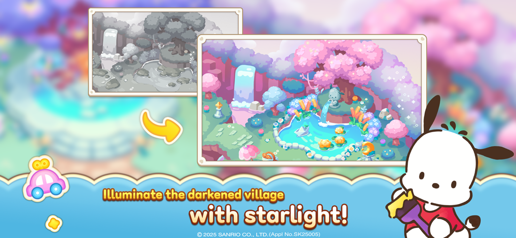 Before and after comparison showing a dull grey village transformed into a colorful garden with a pond and pink trees featuring Pochacco