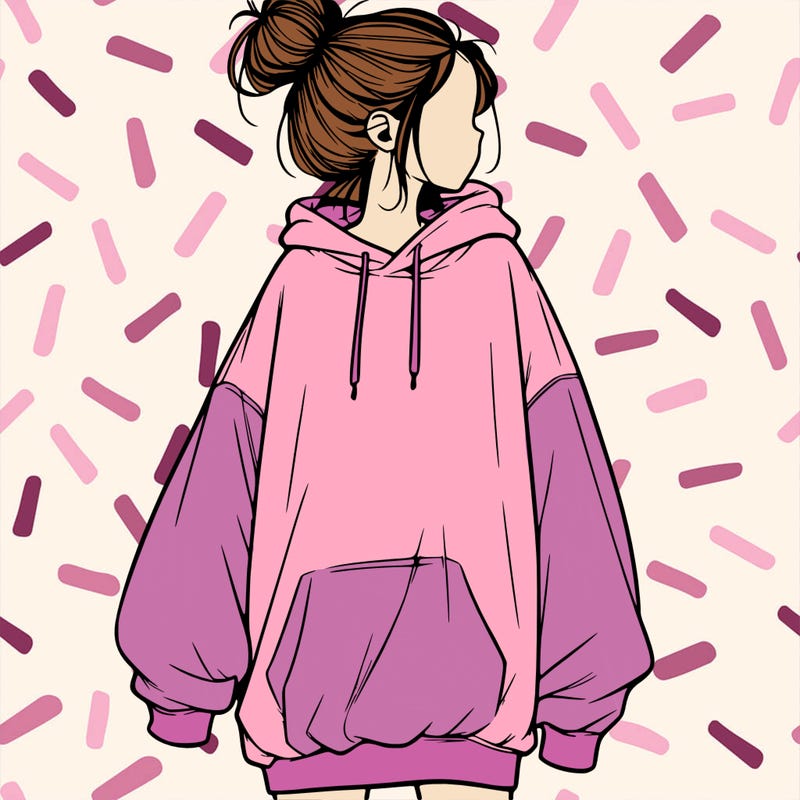 realistic girl with a oversized sweatshirt on and a bun