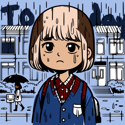 sad  11 year old girl in rain at in frount of a school