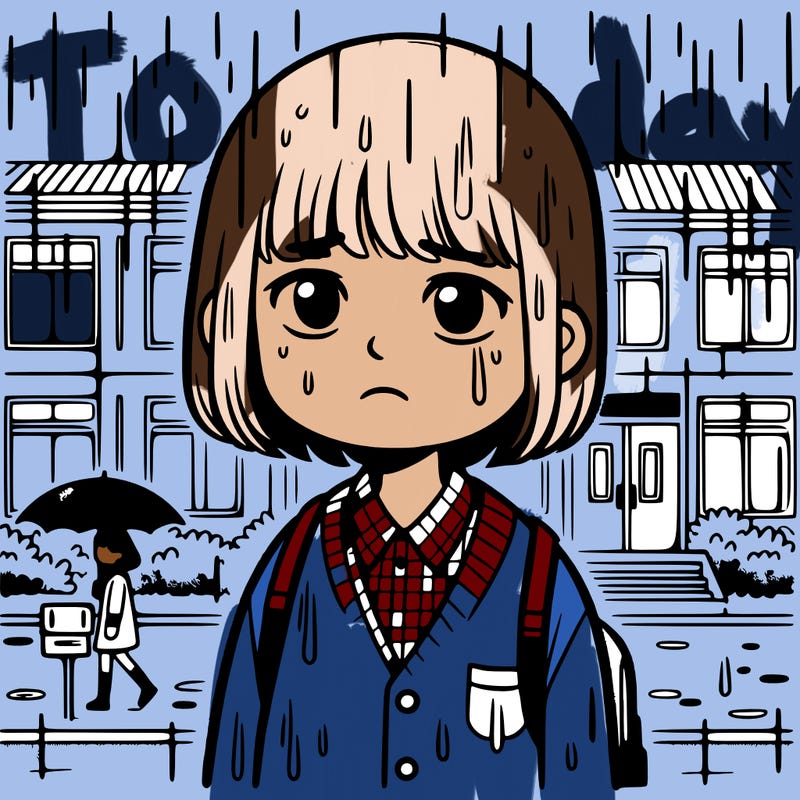 sad  11 year old girl in rain at in frount of a school