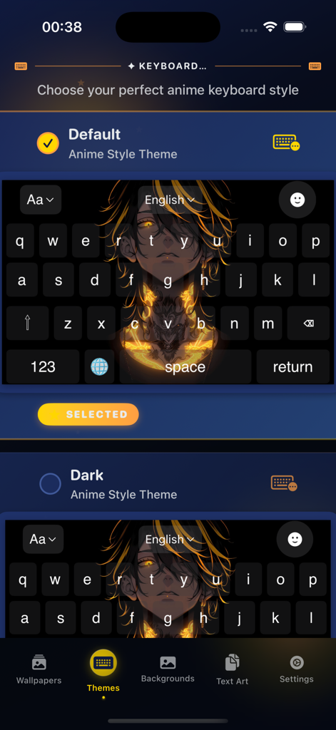 Anime Keyboard Theme - A mobile interface for choosing anime keyboard styles featuring a dark character theme with glowing yellow accents