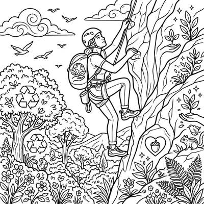 Embark on an inspiring coloring journey with this unique Earth Day design featuring a determined solo climber. Discover hidden environmental symbols and vibrant natural elements as you bring this scene to life.