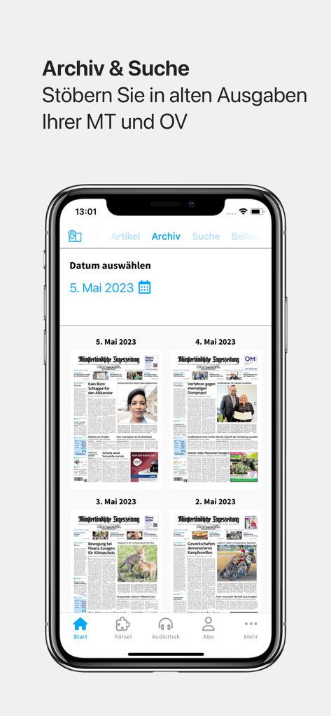 A mobile screen showing the digital archive of the OM-E-Paper app with previous newspaper editions