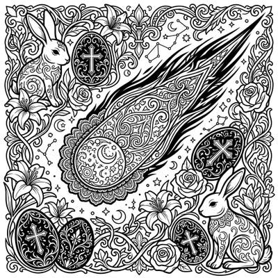 Dive into a uniquely dark and whimsical coloring adventure with this Gothic Easter design. Featuring an ornate comet, mysterious bunnies, and intricately patterned eggs, it offers a rich and creative escape.