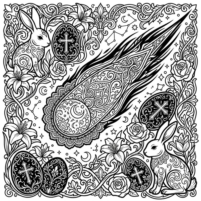 Dive into a uniquely dark and whimsical coloring adventure with this Gothic Easter design. Featuring an ornate comet, mysterious bunnies, and intricately patterned eggs, it offers a rich and creative escape.
