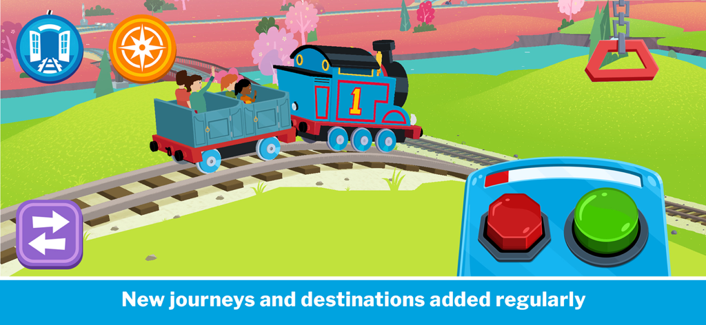 Thomas & Friends™: Let's Roll - トーマス機関車が、乗客車両のあるカラフルな線路上を走行している。