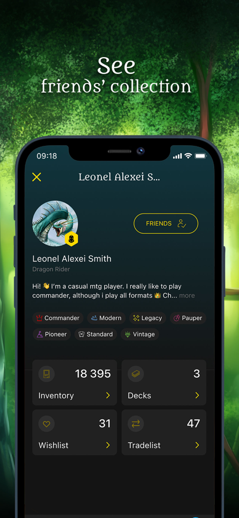 Poké TCG Scanner Dragon Shield - A user profile in the Poké TCG Scanner app displaying a friend's card collection and inventory stats.