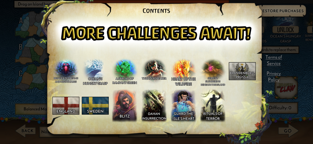 다양한 영혼, 적, 시나리오를 보여주는 스피릿 아일랜드 앱의 '더 많은 도전이 기다립니다' 화면