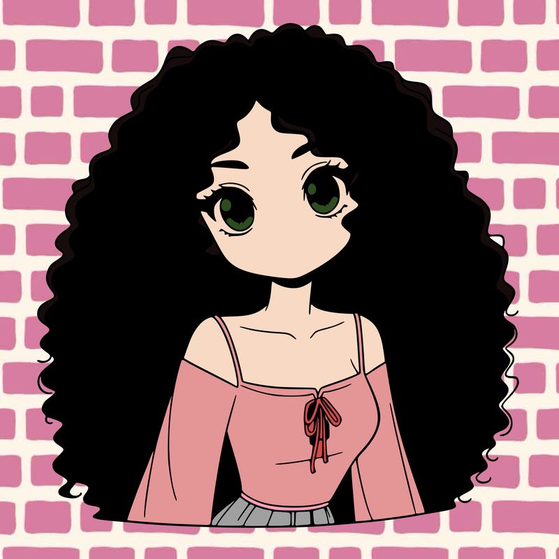 a black anime girl with long afro hair