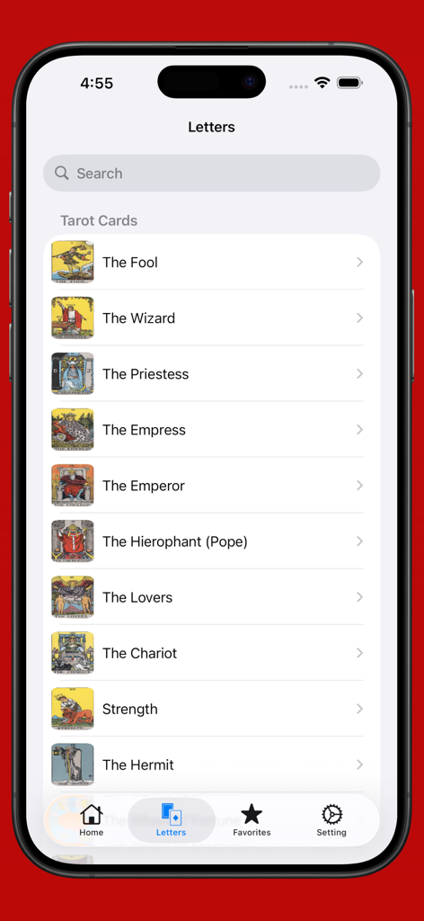 Tarot cards with meaning - A list of major arcana tarot cards including The Fool and The Wizard in the app interface.