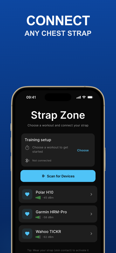 Chest Strap HR Monitor - Strap Zone app screen for connecting Bluetooth heart rate chest straps including Polar Garmin and Wahoo