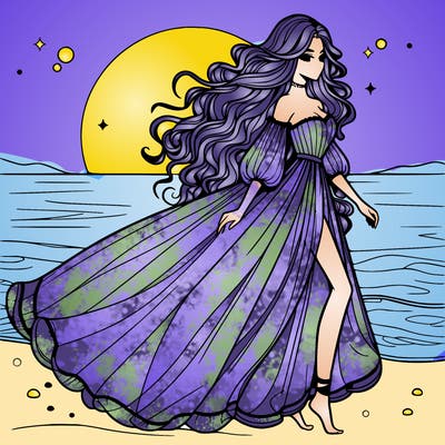 beautiful woman with a vaporous long dress walking on the beach at the noon, detailed art