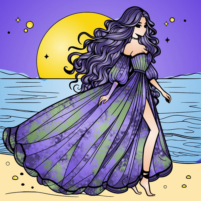 beautiful woman with a vaporous long dress walking on the beach at the noon, detailed art