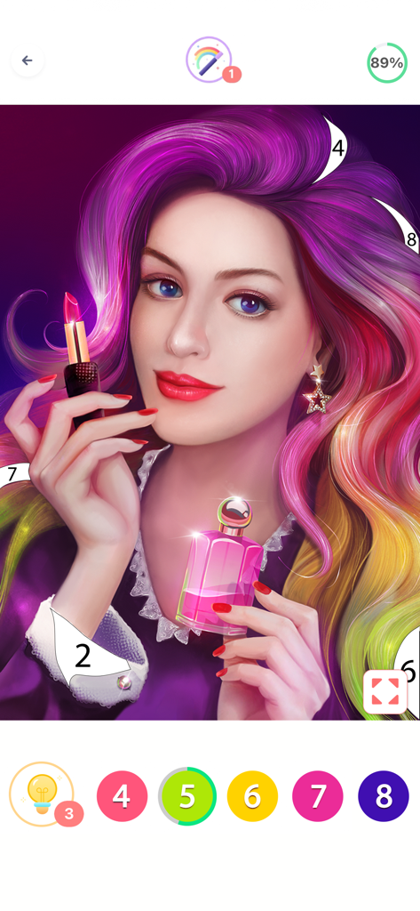 Coloring Fun : Color by Number - A digital color by number game interface showing a portrait of a woman with colorful hair.