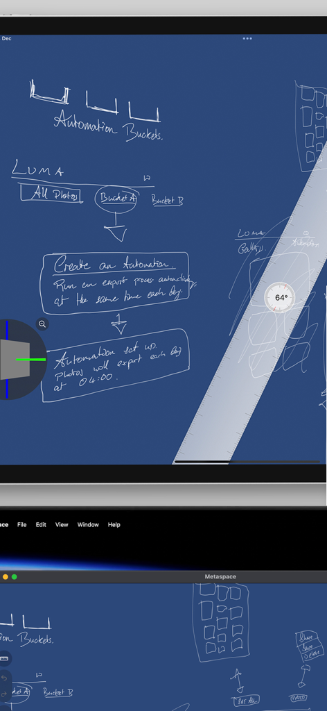 Metaspace - 3D Sketchbook - Metaspace 3D Sketchbook interface showing a hand-drawn automation workflow and virtual ruler on a blue canvas.