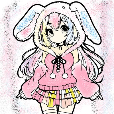 pretty anime girl wearing a fluffy hoodie with bunny ears on the hood and a skirt