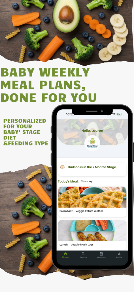MunchMind - MunchMind app interface showing personalized baby meal plans with healthy recipes and fresh food ingredients