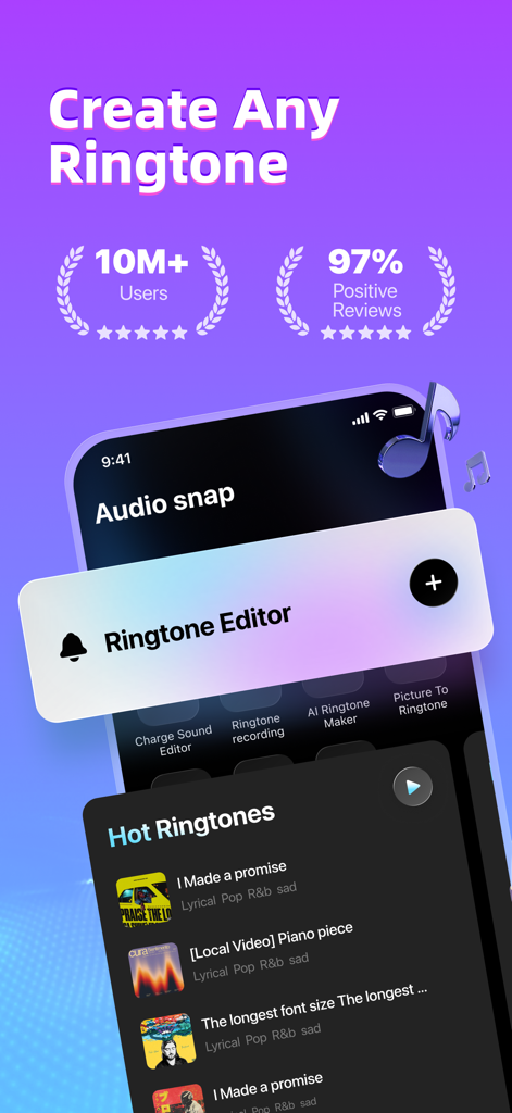 Interfaz de la aplicación AudioSnap que muestra el editor de tonos de llamada y una lista de tonos de llamada populares sobre un fondo de marketing morado