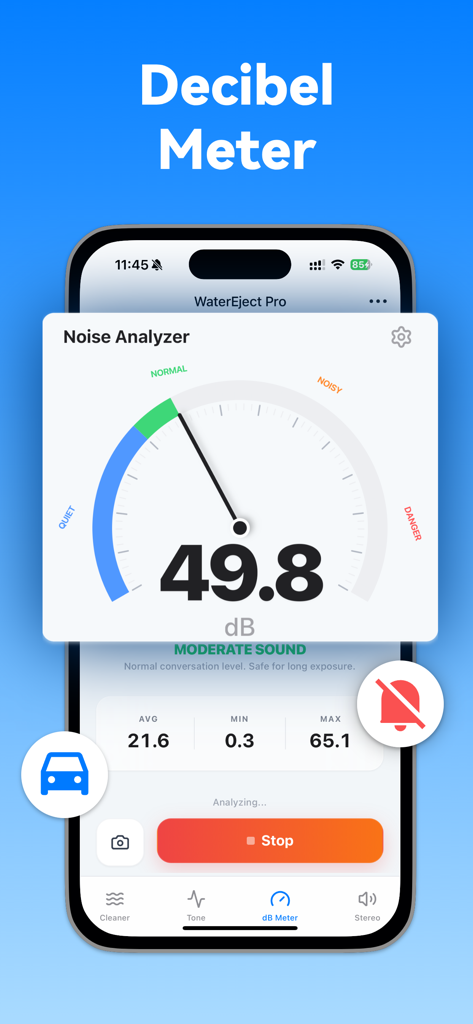 Water Eject ‧ Speaker Cleaner - Decibel meter interface showing real-time noise level measurement in decibels