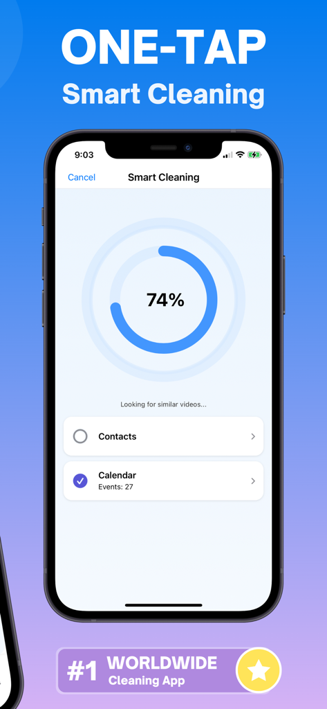 Clean Your Photos for iPhone - Pantalla de smartphone que muestra el progreso de limpieza inteligente con un solo toque al 74 por ciento