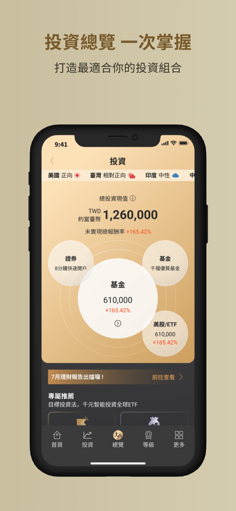 永豐銀行大戶DAWHO - A mobile interface of the DAWHO banking app displaying an investment portfolio overview with total assets in TWD and a breakdown of funds and stocks.