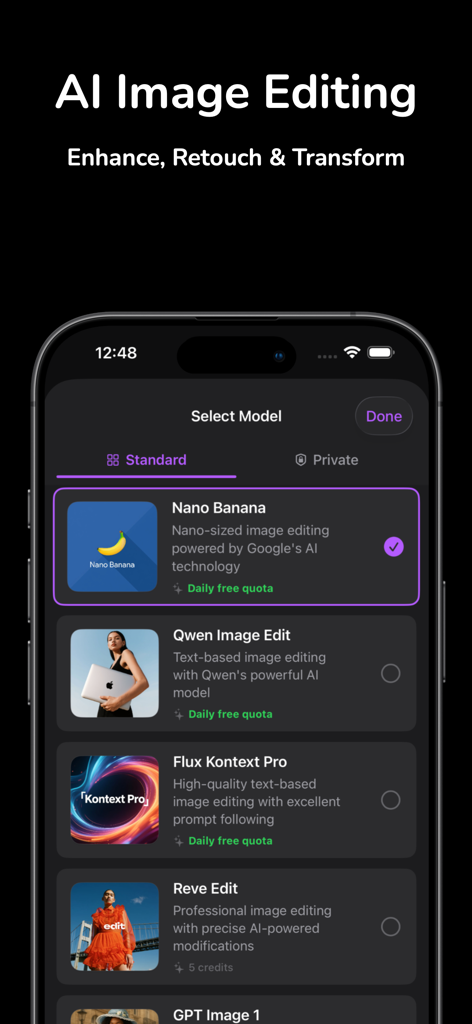 Una pantalla de smartphone mostrando varios modelos de edición de imágenes IA como Nano Banana y Qwen para mejorar y retocar fotos.