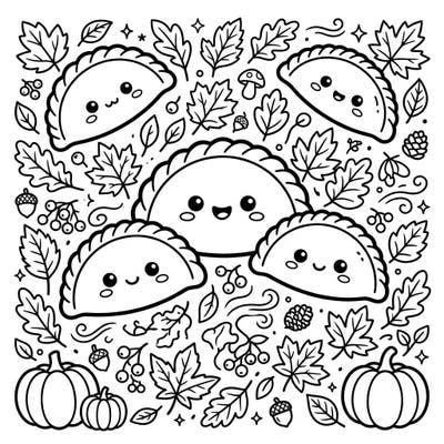 Get ready for a super cute autumn coloring experience with these delightful kawaii empanadas! They're surrounded by charming fall leaves, pumpkins, and berries, making for a wonderfully cozy scene.