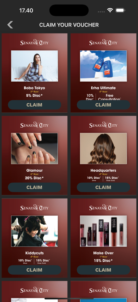 Senayan City - A screen in the Senayan City app displaying a selection of exclusive lifestyle and retail vouchers with claim buttons