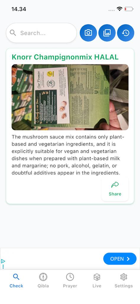 Halal Check حلال - Halal Check app showing a halal status for a scanned mushroom sauce mix product