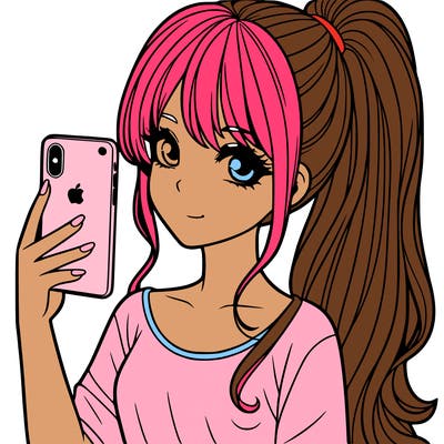 a realistic girl with a pony tail and a iphone