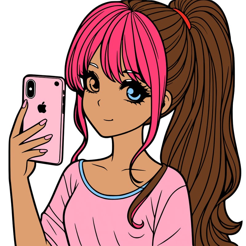 a realistic girl with a pony tail and a iphone