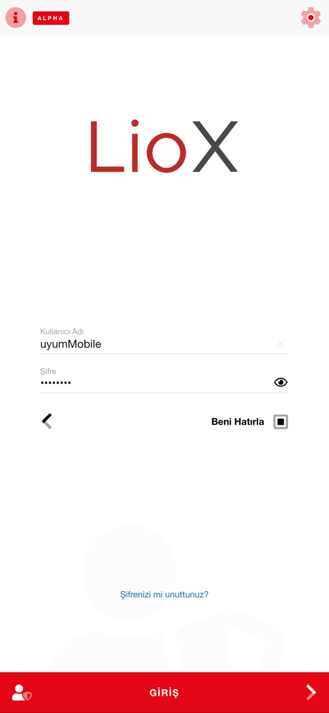 LioX - Login screen for the LioX ERP mobile app with username and password fields