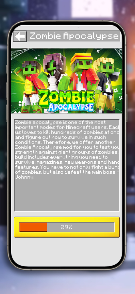 Plants & Zombies Mods & Skins - Interface showing the Zombie Apocalypse mod for Minecraft PE with character skins and description