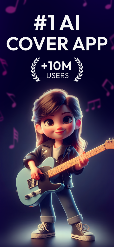 Cover AI: Any Song, Your Voice - 青いエレキギターを弾くアニメの女の子が、ナンバーワンAI音楽カバーアプリのために演奏している