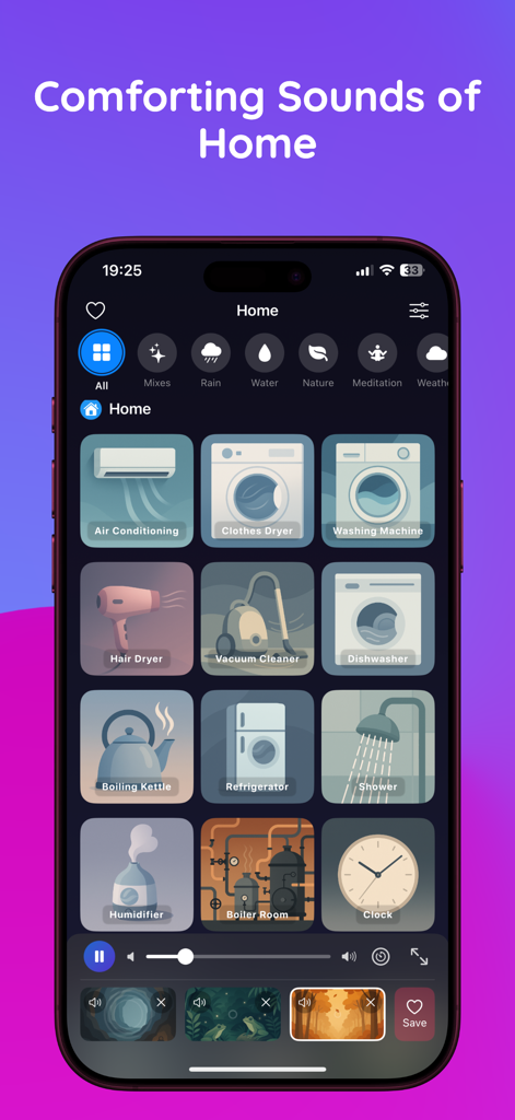 Softly: Sleep & Relax Sounds - Softly app interface showing a grid of home-related ambient sounds like washing machine and vacuum cleaner