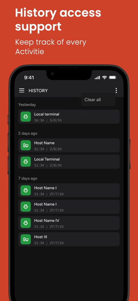 Terminal - SFTP & SSH Client - Smartphone screen showing the connection history log for a terminal and SSH client