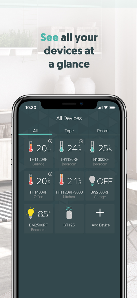 Sinopé Neviweb - Dashboard of the Sinope Neviweb app displaying connected smart home devices including thermostats and lighting controls