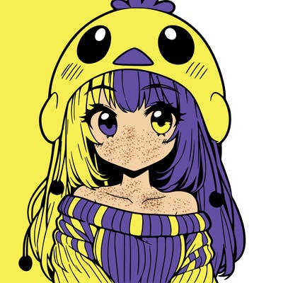 anime girl with chick shaped hat with sweater with bare shoulders with bangs covering them one eye with low tail