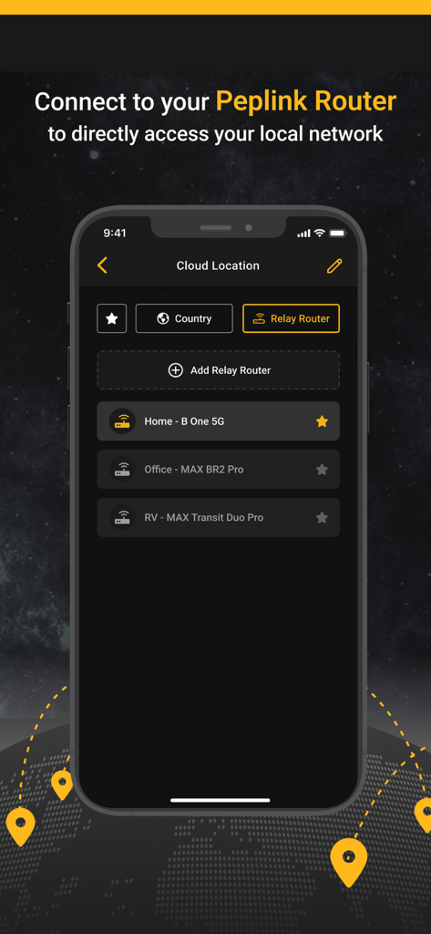 SpeedFusion Connect - Tela do aplicativo SpeedFusion Connect mostrando opções para se conectar a roteadores Peplink para redes domésticas e de RV