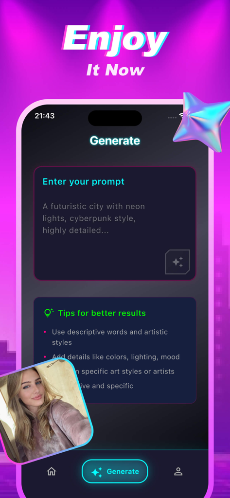 Kiku - Discover, Share - The generate screen of Kiku app featuring an AI text prompt for cyberpunk art.