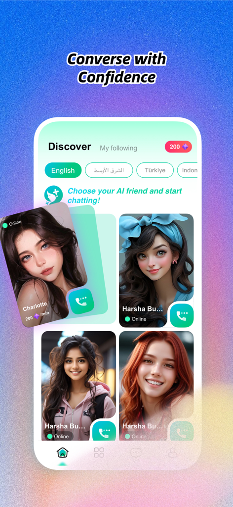 Kisu Pro app Discover screen showcasing various AI character profiles for chatting.