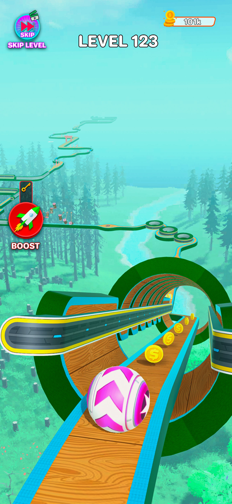 Sky Rolling : Going Balls - A pink and white ball rolling on a winding wooden track above a forest in Sky Rolling Going Balls