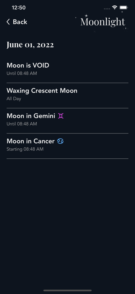 Moonlight Phases, Susan Miller - Screenshot of the Moonlight app showing moon void status and zodiac sign transitions for June 1st.