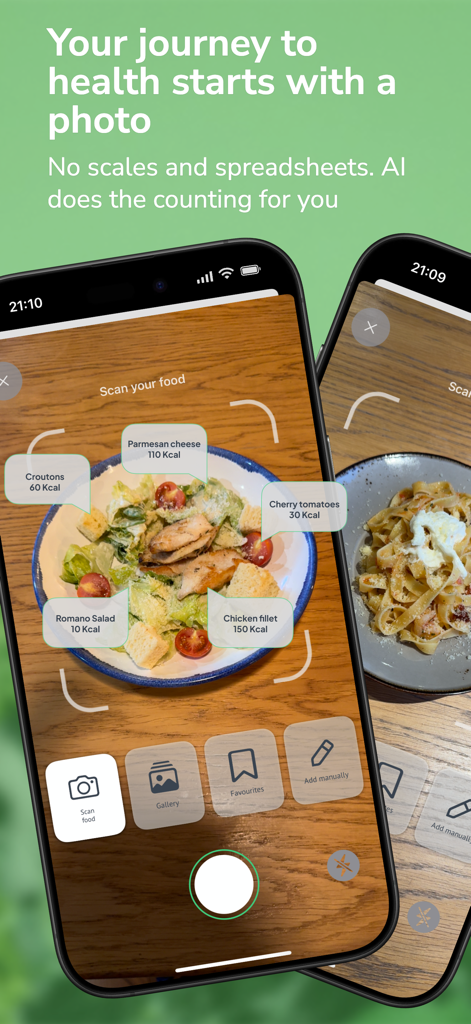 Nutreasy app interface showing AI scanning a Caesar salad with ingredient calorie breakdowns.
