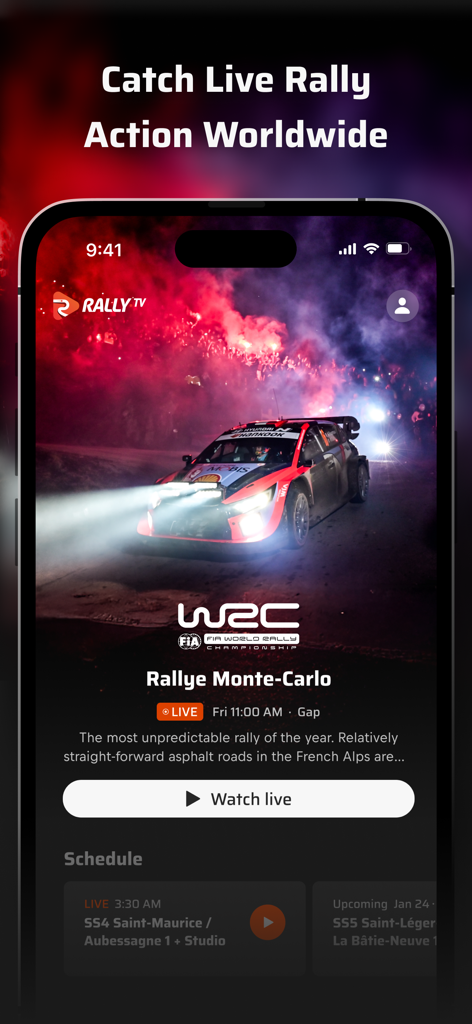 Smartphone screen displaying the Rally TV app interface with a live Rallye Monte Carlo event featuring a WRC car racing at night
